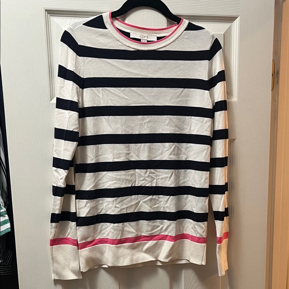 LOFT Women's Long Sleeve Striped Top - Navy and Pink Accents